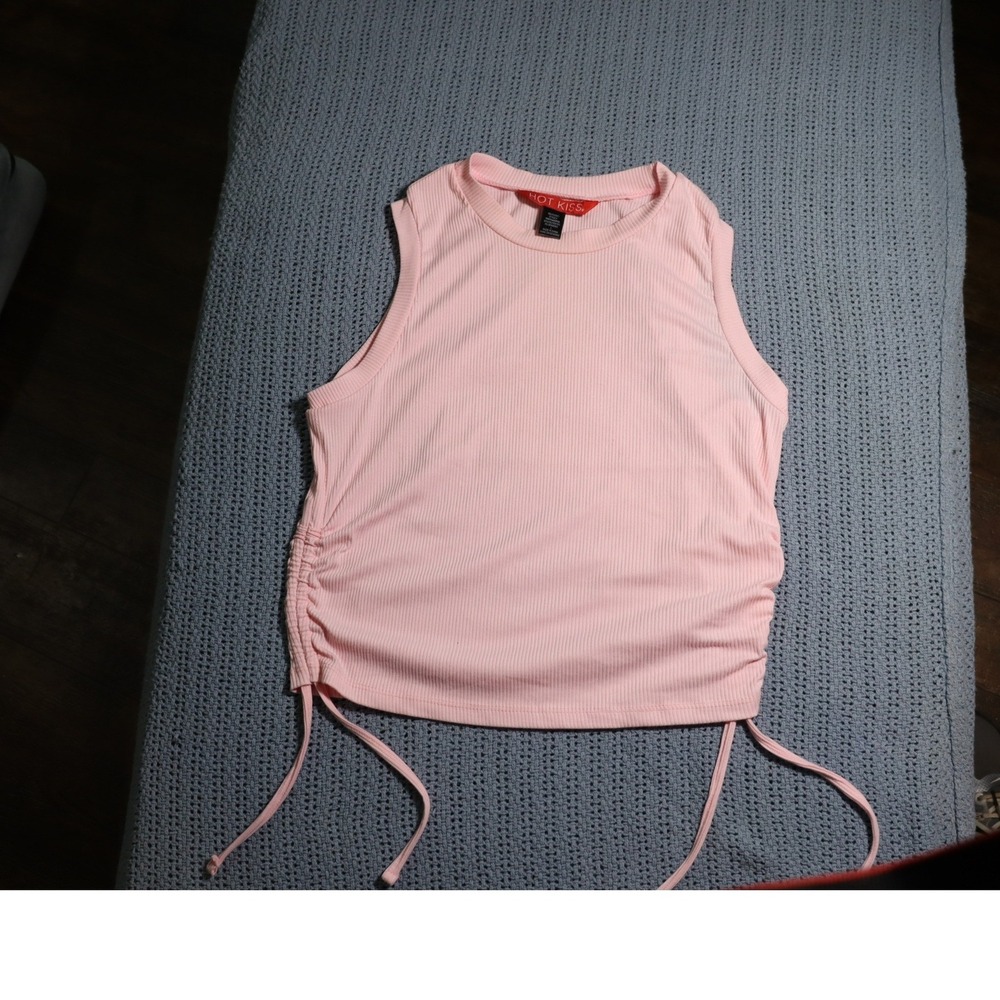 Hot Kiss Pink Ribbed Sleeveless Cinched Side Drawstring Top RNRT4459PKB Large